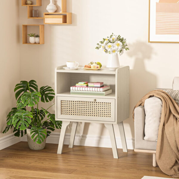 Lerliuo Rattan Nightstand, Boho Side Table with Drawer Open Shelf, Cane Accent Bedside End Table with Solid Wood Legs for Bedroom, Dorm and Small Spaces (Natural)