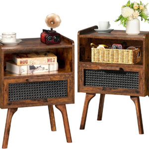 Lerliuo Rattan Nightstand, Boho Side Table with Drawer Open Shelf, Cane Accent Bedside End Table with Solid Wood Legs for Bedroom, Dorm and Small Spaces (Natural)
