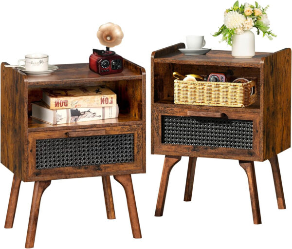 Lerliuo Rattan Nightstand, Boho Side Table with Drawer Open Shelf, Cane Accent Bedside End Table with Solid Wood Legs for Bedroom, Dorm and Small Spaces (Natural)