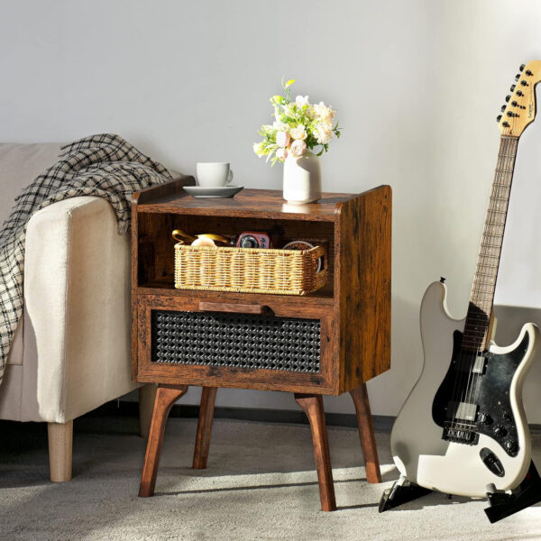 Lerliuo Rattan Nightstand, Boho Side Table with Drawer Open Shelf, Cane Accent Bedside End Table with Solid Wood Legs for Bedroom, Dorm and Small Spaces (Natural)