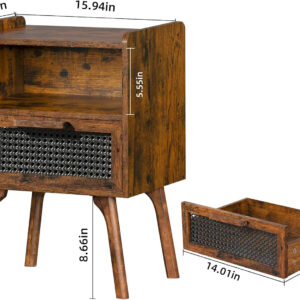 Lerliuo Rattan Nightstand, Boho Side Table with Drawer Open Shelf, Cane Accent Bedside End Table with Solid Wood Legs for Bedroom, Dorm and Small Spaces (Natural)
