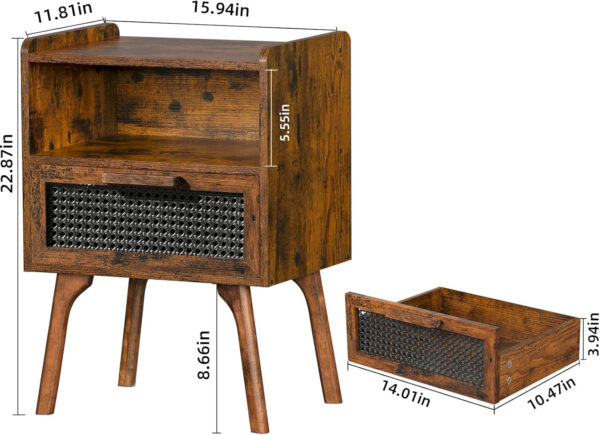 Lerliuo Rattan Nightstand, Boho Side Table with Drawer Open Shelf, Cane Accent Bedside End Table with Solid Wood Legs for Bedroom, Dorm and Small Spaces (Natural)