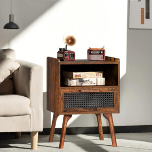 Lerliuo Rattan Nightstand, Boho Side Table with Drawer Open Shelf, Cane Accent Bedside End Table with Solid Wood Legs for Bedroom, Dorm and Small Spaces (Natural)