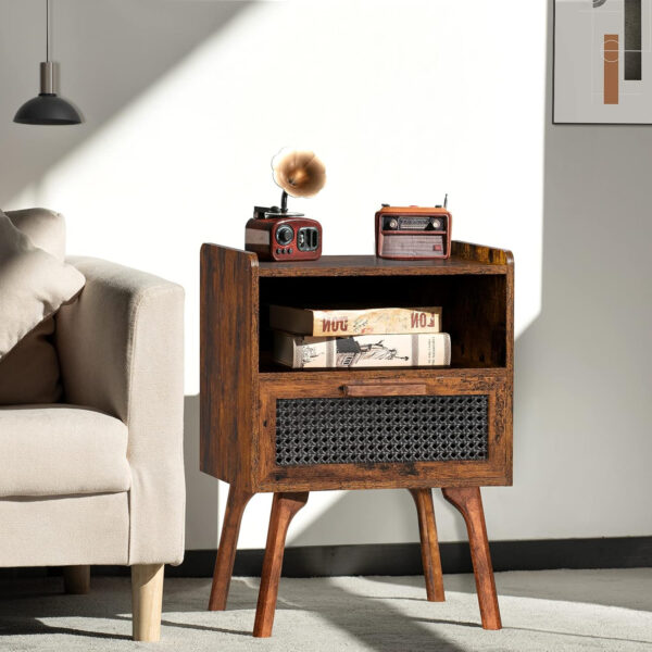 Lerliuo Rattan Nightstand, Boho Side Table with Drawer Open Shelf, Cane Accent Bedside End Table with Solid Wood Legs for Bedroom, Dorm and Small Spaces (Natural)