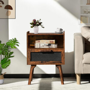 Lerliuo Rattan Nightstand, Boho Side Table with Drawer Open Shelf, Cane Accent Bedside End Table with Solid Wood Legs for Bedroom, Dorm and Small Spaces (Natural)