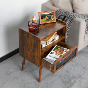 Lerliuo Rattan Nightstand, Boho Side Table with Drawer Open Shelf, Cane Accent Bedside End Table with Solid Wood Legs for Bedroom, Dorm and Small Spaces (Natural)