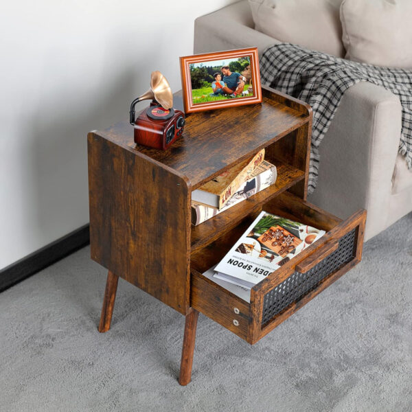 Lerliuo Rattan Nightstand, Boho Side Table with Drawer Open Shelf, Cane Accent Bedside End Table with Solid Wood Legs for Bedroom, Dorm and Small Spaces (Natural)