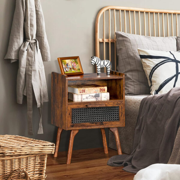 Lerliuo Rattan Nightstand, Boho Side Table with Drawer Open Shelf, Cane Accent Bedside End Table with Solid Wood Legs for Bedroom, Dorm and Small Spaces (Natural)