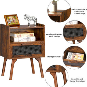 Lerliuo Rattan Nightstand, Boho Side Table with Drawer Open Shelf, Cane Accent Bedside End Table with Solid Wood Legs for Bedroom, Dorm and Small Spaces (Natural)