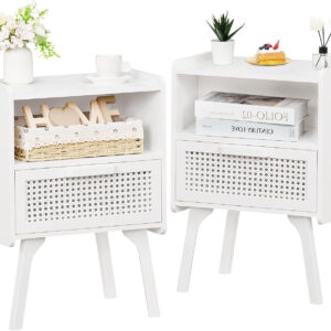 Lerliuo Rattan Nightstand, Boho Side Table with Drawer Open Shelf, Cane Accent Bedside End Table with Solid Wood Legs for Bedroom, Dorm and Small Spaces (Natural)