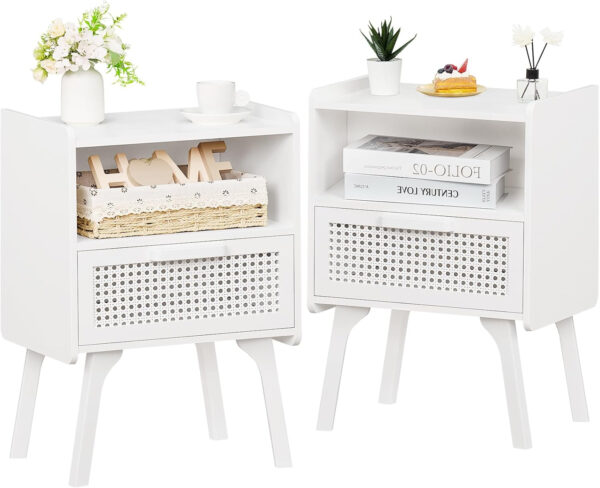 Lerliuo Rattan Nightstand, Boho Side Table with Drawer Open Shelf, Cane Accent Bedside End Table with Solid Wood Legs for Bedroom, Dorm and Small Spaces (Natural)