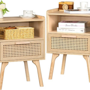 Lerliuo Rattan Nightstand, Boho Side Table with Drawer Open Shelf, Cane Accent Bedside End Table with Solid Wood Legs for Bedroom, Dorm and Small Spaces (Natural)