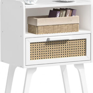 Lerliuo Rattan Nightstand, Boho Side Table with Drawer Open Shelf, Cane Accent Bedside End Table with Solid Wood Legs for Bedroom, Dorm and Small Spaces (Natural)