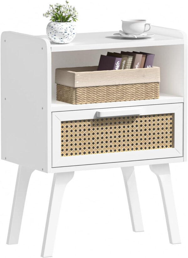 Lerliuo Rattan Nightstand, Boho Side Table with Drawer Open Shelf, Cane Accent Bedside End Table with Solid Wood Legs for Bedroom, Dorm and Small Spaces (Natural)