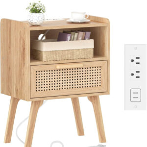 Lerliuo Rattan Nightstand, Boho Side Table with Drawer Open Shelf, Cane Accent Bedside End Table with Solid Wood Legs for Bedroom, Dorm and Small Spaces (Natural)