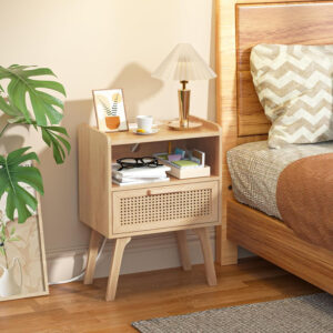 Lerliuo Rattan Nightstand, Boho Side Table with Drawer Open Shelf, Cane Accent Bedside End Table with Solid Wood Legs for Bedroom, Dorm and Small Spaces (Natural)