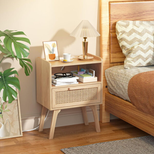 Lerliuo Rattan Nightstand, Boho Side Table with Drawer Open Shelf, Cane Accent Bedside End Table with Solid Wood Legs for Bedroom, Dorm and Small Spaces (Natural)