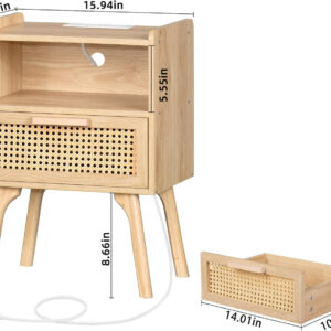 Lerliuo Rattan Nightstand, Boho Side Table with Drawer Open Shelf, Cane Accent Bedside End Table with Solid Wood Legs for Bedroom, Dorm and Small Spaces (Natural)