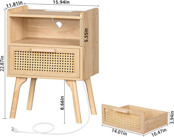 Lerliuo Rattan Nightstand, Boho Side Table with Drawer Open Shelf, Cane Accent Bedside End Table with Solid Wood Legs for Bedroom, Dorm and Small Spaces (Natural)