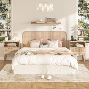 Lerliuo Rattan Nightstand, Boho Side Table with Drawer Open Shelf, Cane Accent Bedside End Table with Solid Wood Legs for Bedroom, Dorm and Small Spaces (Natural)
