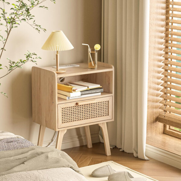 Lerliuo Rattan Nightstand, Boho Side Table with Drawer Open Shelf, Cane Accent Bedside End Table with Solid Wood Legs for Bedroom, Dorm and Small Spaces (Natural)