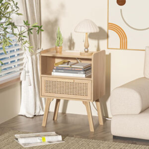 Lerliuo Rattan Nightstand, Boho Side Table with Drawer Open Shelf, Cane Accent Bedside End Table with Solid Wood Legs for Bedroom, Dorm and Small Spaces (Natural)