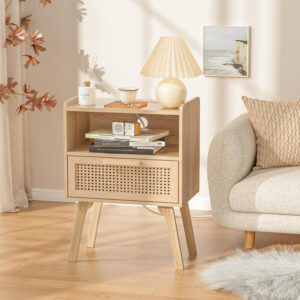 Lerliuo Rattan Nightstand, Boho Side Table with Drawer Open Shelf, Cane Accent Bedside End Table with Solid Wood Legs for Bedroom, Dorm and Small Spaces (Natural)