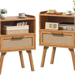 Lerliuo Rattan Nightstand, Boho Side Table with Drawer Open Shelf, Cane Accent Bedside End Table with Solid Wood Legs for Bedroom, Dorm and Small Spaces (Natural)