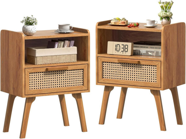 Lerliuo Rattan Nightstand, Boho Side Table with Drawer Open Shelf, Cane Accent Bedside End Table with Solid Wood Legs for Bedroom, Dorm and Small Spaces (Natural)
