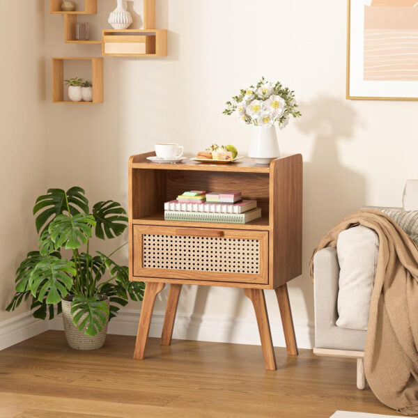 Lerliuo Rattan Nightstand, Boho Side Table with Drawer Open Shelf, Cane Accent Bedside End Table with Solid Wood Legs for Bedroom, Dorm and Small Spaces (Natural)