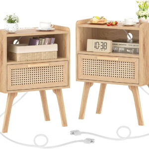 Lerliuo Rattan Nightstand, Boho Side Table with Drawer Open Shelf, Cane Accent Bedside End Table with Solid Wood Legs for Bedroom, Dorm and Small Spaces (Natural)