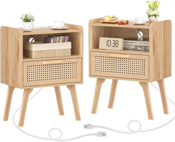Lerliuo Rattan Nightstand, Boho Side Table with Drawer Open Shelf, Cane Accent Bedside End Table with Solid Wood Legs for Bedroom, Dorm and Small Spaces (Natural)
