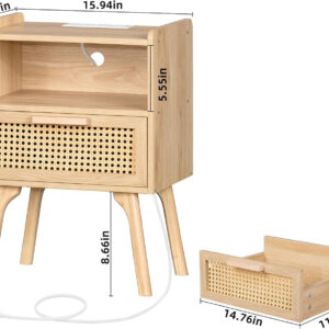 Lerliuo Rattan Nightstand, Boho Side Table with Drawer Open Shelf, Cane Accent Bedside End Table with Solid Wood Legs for Bedroom, Dorm and Small Spaces (Natural)