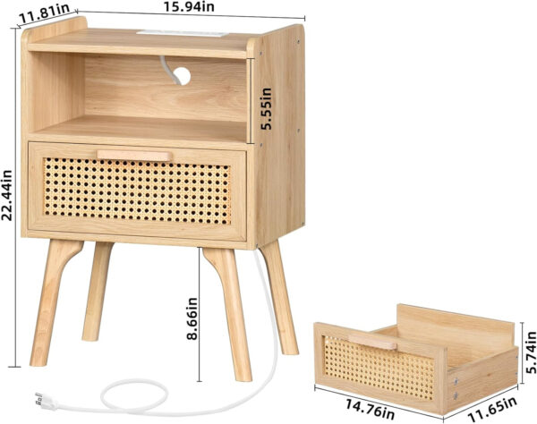 Lerliuo Rattan Nightstand, Boho Side Table with Drawer Open Shelf, Cane Accent Bedside End Table with Solid Wood Legs for Bedroom, Dorm and Small Spaces (Natural)