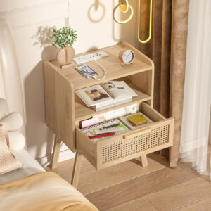 Lerliuo Rattan Nightstand, Boho Side Table with Drawer Open Shelf, Cane Accent Bedside End Table with Solid Wood Legs for Bedroom, Dorm and Small Spaces (Natural)