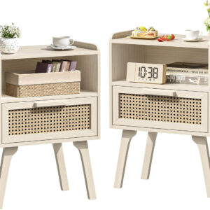 Lerliuo Rattan Nightstand, Boho Side Table with Drawer Open Shelf, Cane Accent Bedside End Table with Solid Wood Legs for Bedroom, Dorm and Small Spaces (Natural)