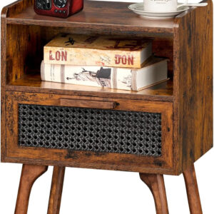 Lerliuo Rattan Nightstand, Boho Side Table with Drawer Open Shelf, Cane Accent Bedside End Table with Solid Wood Legs for Bedroom, Dorm and Small Spaces (Natural)