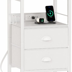 Furologee End Table with Charging Station, Nightstand with Fabric Drawers, Side Tables with USB Ports & Outlets, Night Stand with Storage Shelf & Hooks, for Living Room/Bedroom, White