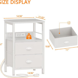 Furologee End Table with Charging Station, Nightstand with Fabric Drawers, Side Tables with USB Ports & Outlets, Night Stand with Storage Shelf & Hooks, for Living Room/Bedroom, White