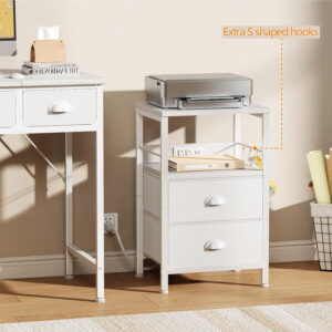 Furologee End Table with Charging Station, Nightstand with Fabric Drawers, Side Tables with USB Ports & Outlets, Night Stand with Storage Shelf & Hooks, for Living Room/Bedroom, White
