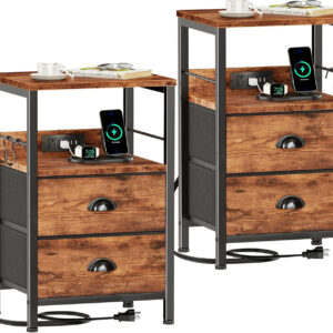 Furologee End Table with Charging Station, Nightstand with Fabric Drawers, Side Tables with USB Ports & Outlets, Night Stand with Storage Shelf & Hooks, for Living Room/Bedroom, White