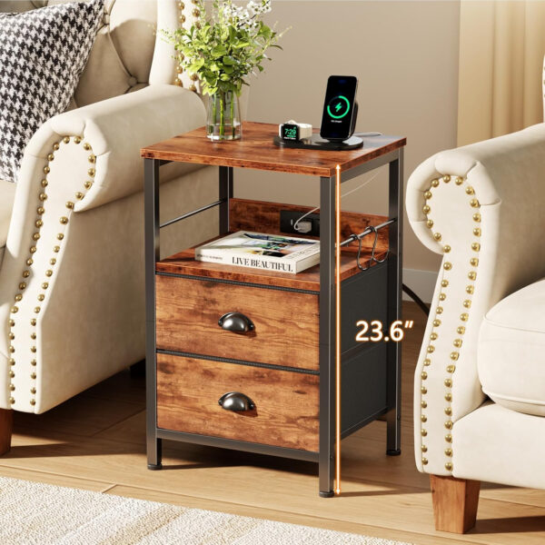 Furologee End Table with Charging Station, Nightstand with Fabric Drawers, Side Tables with USB Ports & Outlets, Night Stand with Storage Shelf & Hooks, for Living Room/Bedroom, White