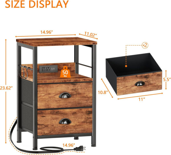 Furologee End Table with Charging Station, Nightstand with Fabric Drawers, Side Tables with USB Ports & Outlets, Night Stand with Storage Shelf & Hooks, for Living Room/Bedroom, White