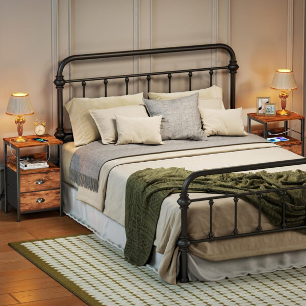 Furologee End Table with Charging Station, Nightstand with Fabric Drawers, Side Tables with USB Ports & Outlets, Night Stand with Storage Shelf & Hooks, for Living Room/Bedroom, White