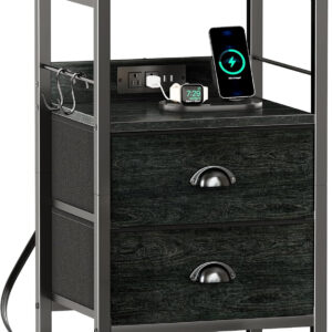 Furologee End Table with Charging Station, Nightstand with Fabric Drawers, Side Tables with USB Ports & Outlets, Night Stand with Storage Shelf & Hooks, for Living Room/Bedroom, White