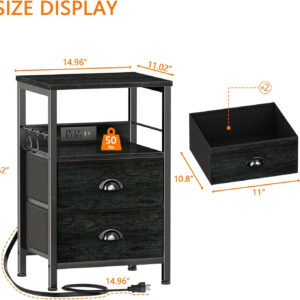 Furologee End Table with Charging Station, Nightstand with Fabric Drawers, Side Tables with USB Ports & Outlets, Night Stand with Storage Shelf & Hooks, for Living Room/Bedroom, White