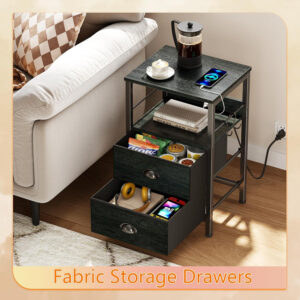 Furologee End Table with Charging Station, Nightstand with Fabric Drawers, Side Tables with USB Ports & Outlets, Night Stand with Storage Shelf & Hooks, for Living Room/Bedroom, White