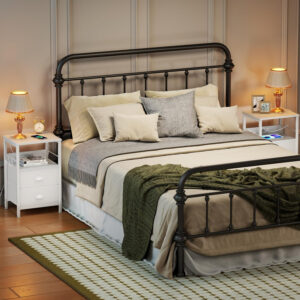 Furologee End Table with Charging Station, Nightstand with Fabric Drawers, Side Tables with USB Ports & Outlets, Night Stand with Storage Shelf & Hooks, for Living Room/Bedroom, White