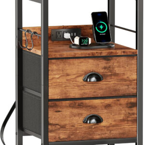 Furologee End Table with Charging Station, Nightstand with Fabric Drawers, Side Tables with USB Ports & Outlets, Night Stand with Storage Shelf & Hooks, for Living Room/Bedroom, White