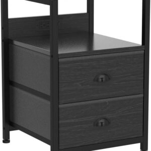 Furologee End Table with Charging Station, Nightstand with Fabric Drawers, Side Tables with USB Ports & Outlets, Night Stand with Storage Shelf & Hooks, for Living Room/Bedroom, White